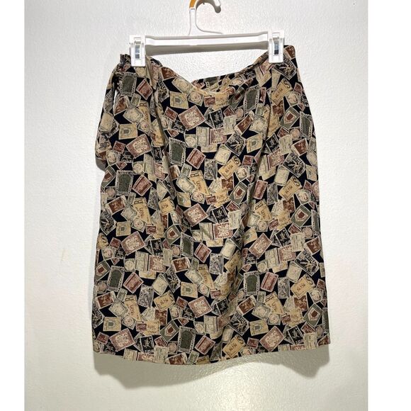 Jones New York 100% silk wrapped skirt novelty print brown stamps fall women 14 - Picture 2 of 5
